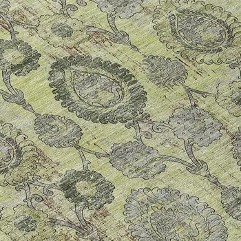 8' Artichoke Green And Gray Round Damask Washable Indoor Outdoor Area Rug