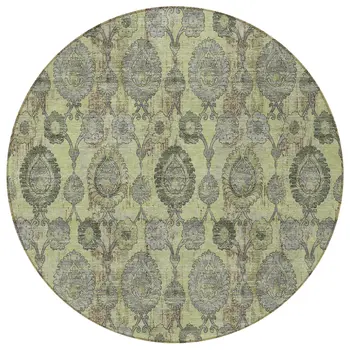 8' Artichoke Green And Gray Round Damask Washable Indoor Outdoor Area Rug