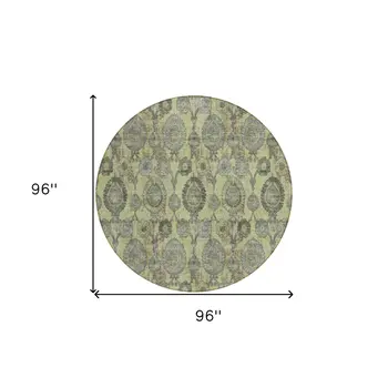 8' Artichoke Green And Gray Round Damask Washable Indoor Outdoor Area Rug