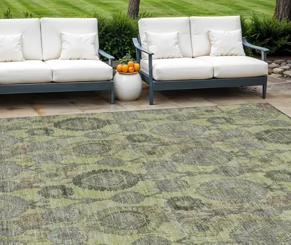 8' X 10' Artichoke Green And Gray Damask Washable Indoor Outdoor Area Rug