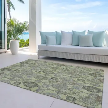 8' X 10' Artichoke Green And Gray Damask Washable Indoor Outdoor Area Rug