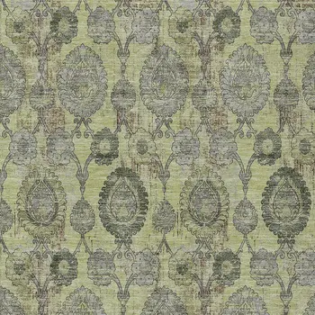 8' X 10' Artichoke Green And Gray Damask Washable Indoor Outdoor Area Rug