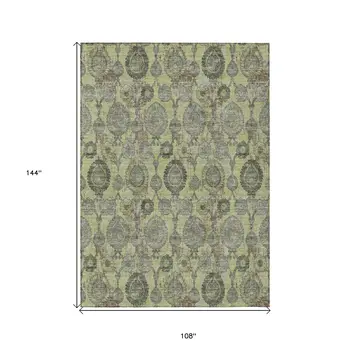 9' X 12' Artichoke Green And Gray Damask Washable Indoor Outdoor Area Rug