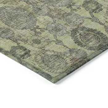 9' X 12' Artichoke Green And Gray Damask Washable Indoor Outdoor Area Rug