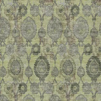 9' X 12' Artichoke Green And Gray Damask Washable Indoor Outdoor Area Rug