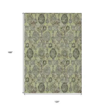 10' X 14' Artichoke Green And Gray Damask Washable Indoor Outdoor Area Rug