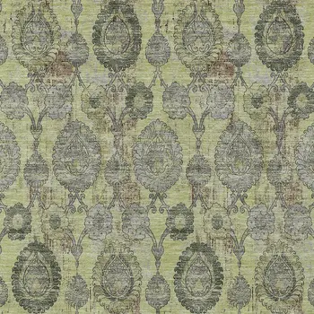10' X 14' Artichoke Green And Gray Damask Washable Indoor Outdoor Area Rug
