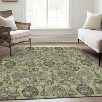 10' X 14' Artichoke Green And Gray Damask Washable Indoor Outdoor Area Rug