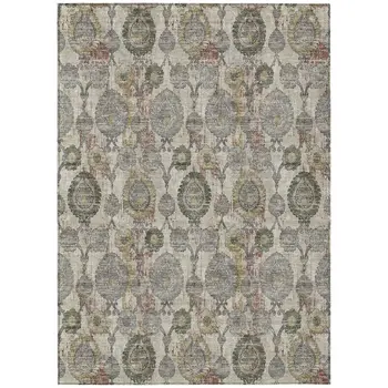 3' X 5' Beige Taupe And Green Damask Washable Indoor Outdoor Area Rug