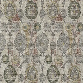 3' X 5' Beige Taupe And Green Damask Washable Indoor Outdoor Area Rug