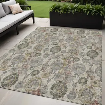 5' X 8' Beige Taupe And Green Damask Washable Indoor Outdoor Area Rug