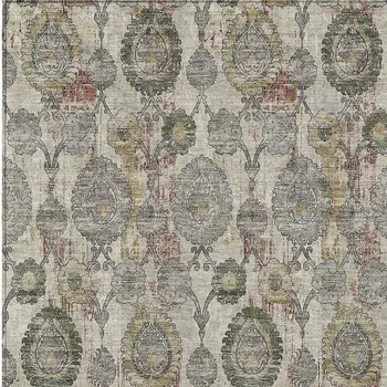 5' X 8' Beige Taupe And Green Damask Washable Indoor Outdoor Area Rug