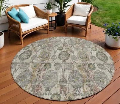 8' Beige Taupe And Green Round Damask Washable Indoor Outdoor Area Rug