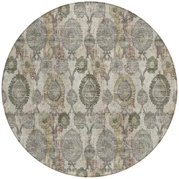 8' Beige Taupe And Green Round Damask Washable Indoor Outdoor Area Rug