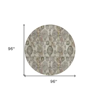 8' Beige Taupe And Green Round Damask Washable Indoor Outdoor Area Rug