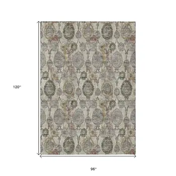 8' X 10' Beige Taupe And Green Damask Washable Indoor Outdoor Area Rug