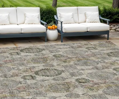 8' X 10' Beige Taupe And Green Damask Washable Indoor Outdoor Area Rug