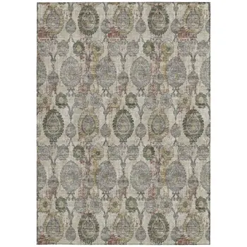 8' X 10' Beige Taupe And Green Damask Washable Indoor Outdoor Area Rug