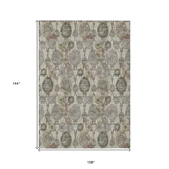 9' X 12' Beige Taupe And Green Damask Washable Indoor Outdoor Area Rug
