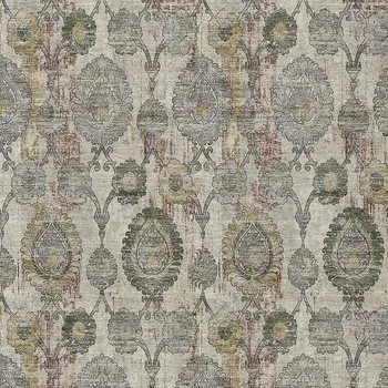 9' X 12' Beige Taupe And Green Damask Washable Indoor Outdoor Area Rug