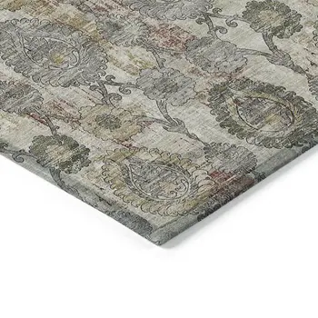 10' X 14' Beige Taupe And Green Damask Washable Indoor Outdoor Area Rug