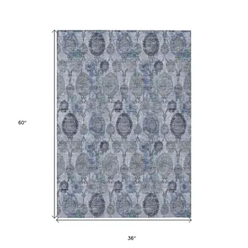 3' X 5' Navy Blue And Sky Blue Damask Washable Indoor Outdoor Area Rug