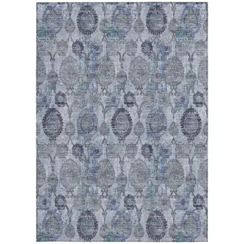 3' X 5' Navy Blue And Sky Blue Damask Washable Indoor Outdoor Area Rug