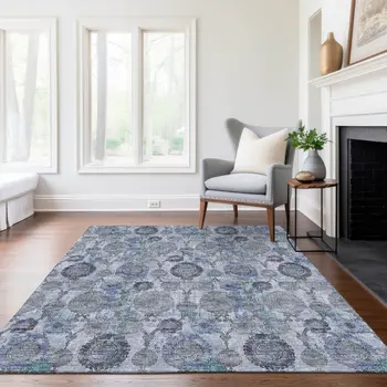 3' X 5' Navy Blue And Sky Blue Damask Washable Indoor Outdoor Area Rug