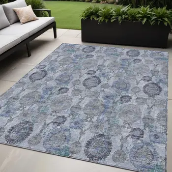 5' X 8' Navy Blue And Sky Blue Damask Washable Indoor Outdoor Area Rug