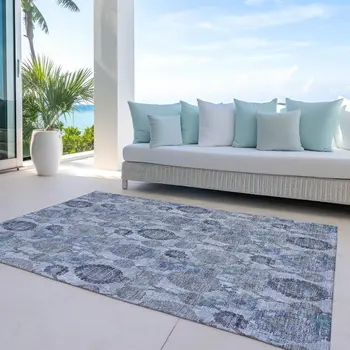 5' X 8' Navy Blue And Sky Blue Damask Washable Indoor Outdoor Area Rug