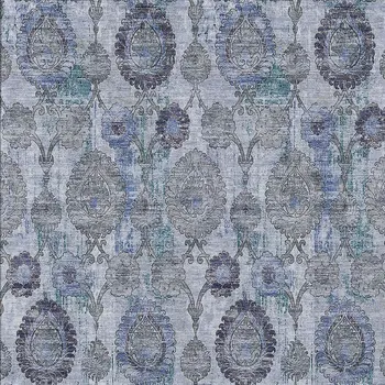 5' X 8' Navy Blue And Sky Blue Damask Washable Indoor Outdoor Area Rug