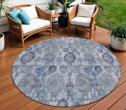 8' Navy Blue And Sky Blue Round Damask Washable Indoor Outdoor Area Rug