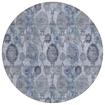 8' Navy Blue And Sky Blue Round Damask Washable Indoor Outdoor Area Rug