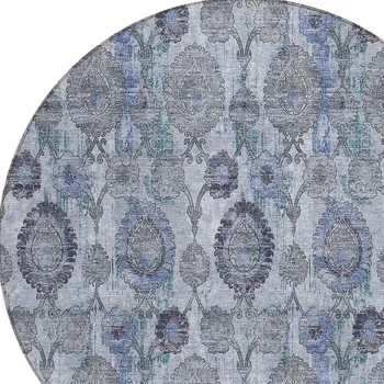 8' Navy Blue And Sky Blue Round Damask Washable Indoor Outdoor Area Rug