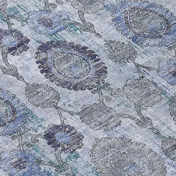 8' Navy Blue And Sky Blue Round Damask Washable Indoor Outdoor Area Rug