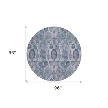 8' Navy Blue And Sky Blue Round Damask Washable Indoor Outdoor Area Rug