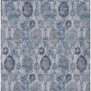 8' X 10' Navy Blue And Sky Blue Damask Washable Indoor Outdoor Area Rug