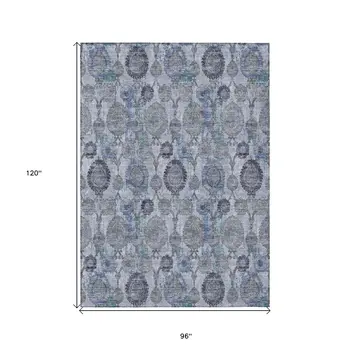 8' X 10' Navy Blue And Sky Blue Damask Washable Indoor Outdoor Area Rug