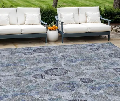 9' X 12' Navy Blue And Sky Blue Damask Washable Indoor Outdoor Area Rug