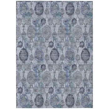 10' X 14' Navy Blue And Sky Blue Damask Washable Indoor Outdoor Area Rug