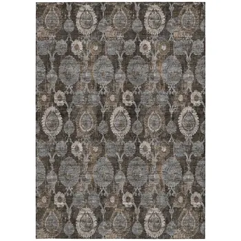 3' X 5' Brown And Beige Damask Washable Indoor Outdoor Area Rug