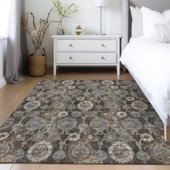 3' X 5' Brown And Beige Damask Washable Indoor Outdoor Area Rug