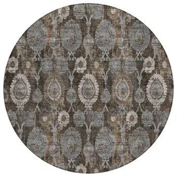 8' Brown And Beige Round Damask Washable Indoor Outdoor Area Rug