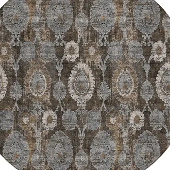 8' Brown And Beige Round Damask Washable Indoor Outdoor Area Rug