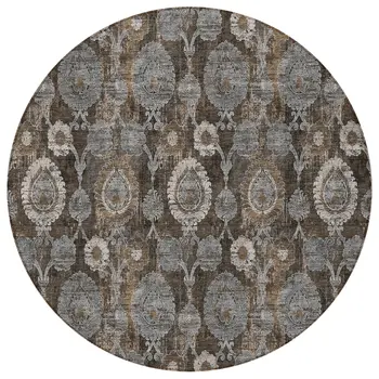 8' Brown And Beige Round Damask Washable Indoor Outdoor Area Rug