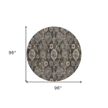 8' Brown And Beige Round Damask Washable Indoor Outdoor Area Rug
