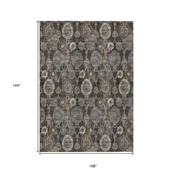 9' X 12' Brown And Beige Damask Washable Indoor Outdoor Area Rug