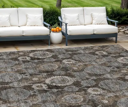 9' X 12' Brown And Beige Damask Washable Indoor Outdoor Area Rug