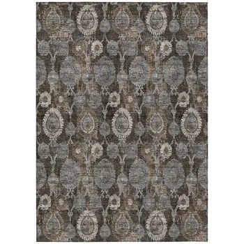 9' X 12' Brown And Beige Damask Washable Indoor Outdoor Area Rug