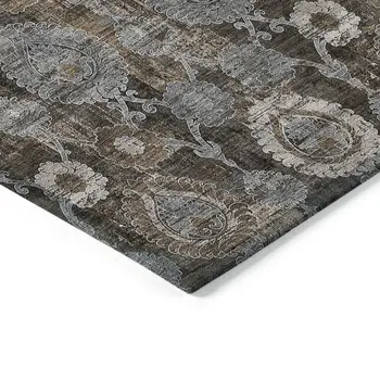 9' X 12' Brown And Beige Damask Washable Indoor Outdoor Area Rug